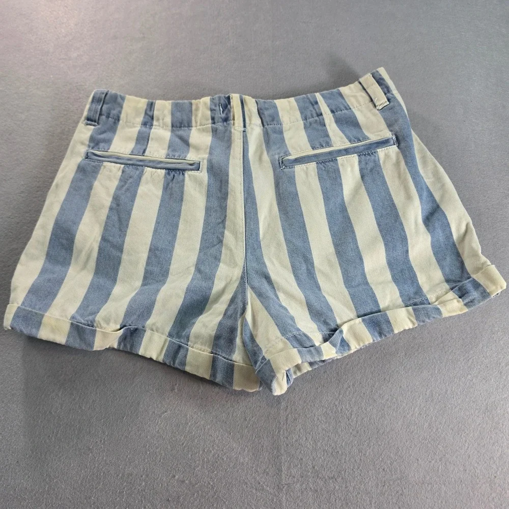 Blue & White Nautical Striped High-Waisted Pleated Grandma Denim Shorts 29